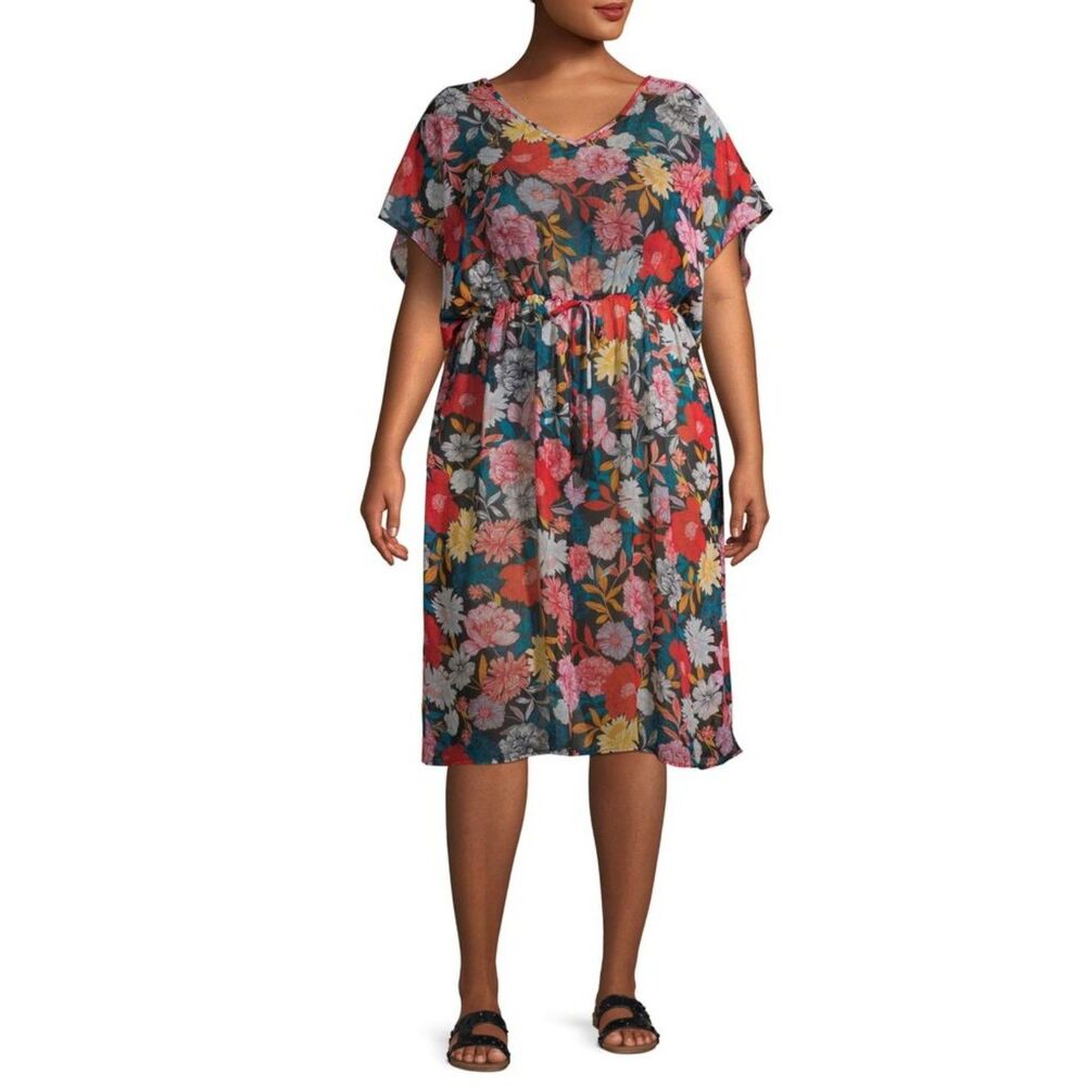 NWT Time and Tru coverup Women 2X red black pink floral sheer slit Beach Cottage